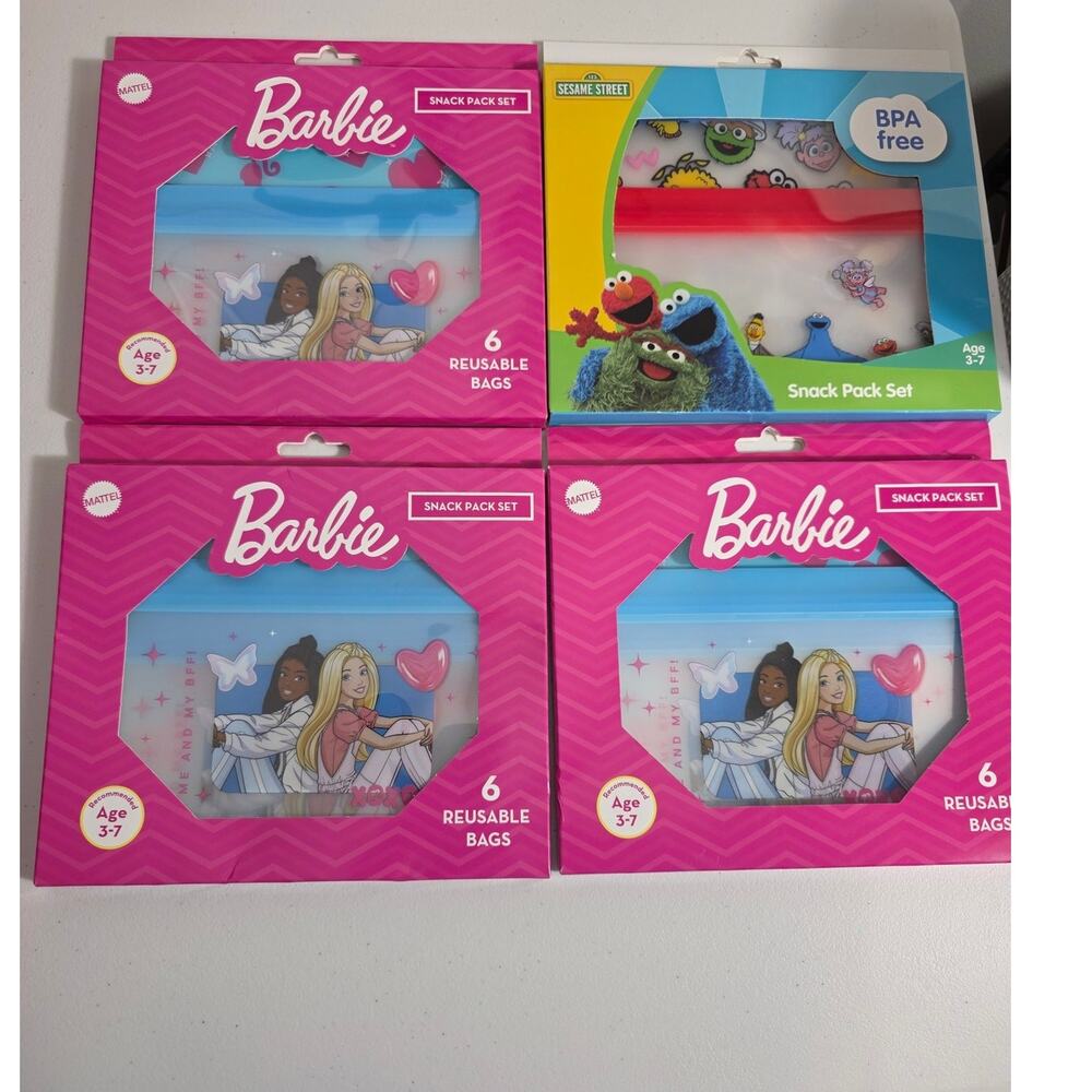 Barbie & Sesame Street Snack Pack Bundle- 24 Reusable BPA Free Bags- NEW